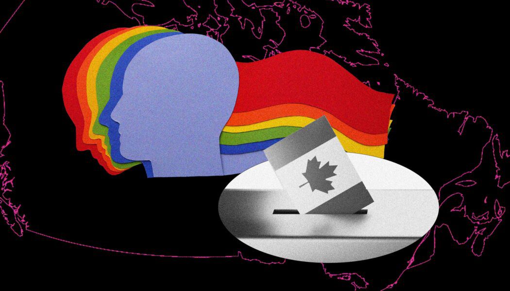 A black background with a pink map of Canada; a ballot box with a Canadian flag going into it; silhouettes of faces in light purple, blue, green, yellow, orange and red.