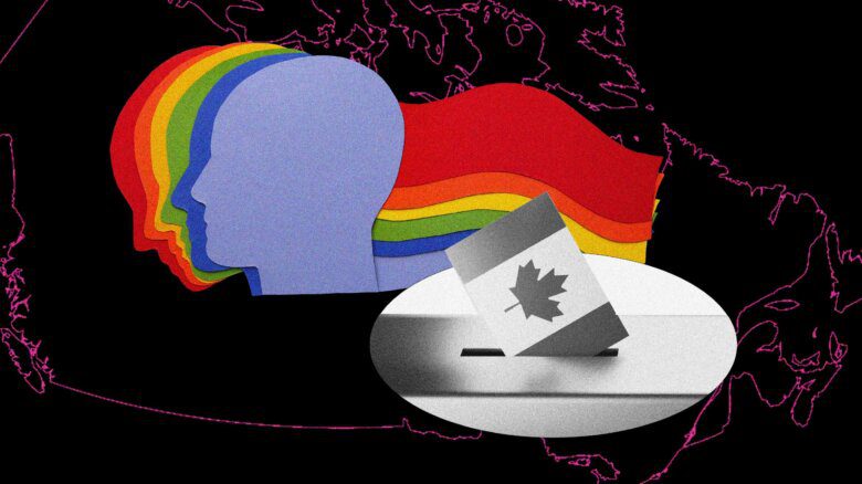 A black background with a pink map of Canada; a ballot box with a Canadian flag going into it; silhouettes of faces in light purple, blue, green, yellow, orange and red.