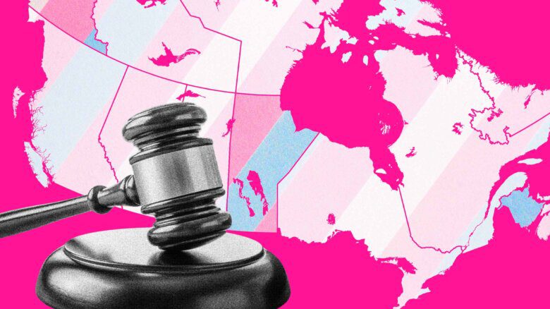 A black and white image of a gavel against a map of Canada in Trans Flag colours against a bright pink background