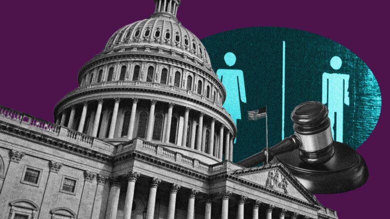 A collage on a purple background of the United States Capitol, a bathroom sign and a gavel