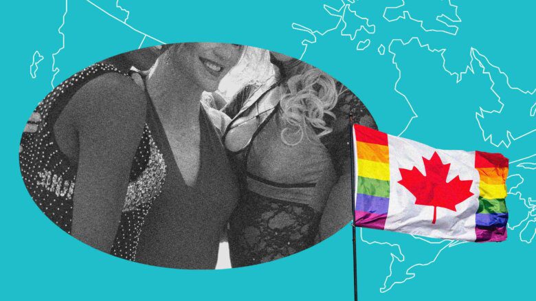 A turquoise background with a map of Canada; a Canadian flag with rainbow stripes and a group of drag queens in black and white