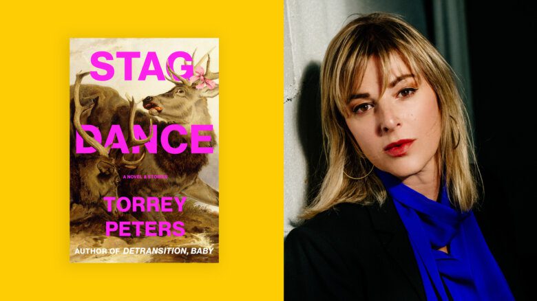 Side by side images of author Torrey Peters in a bright blue shirt and black blazer and the cover of her book Stag Dance