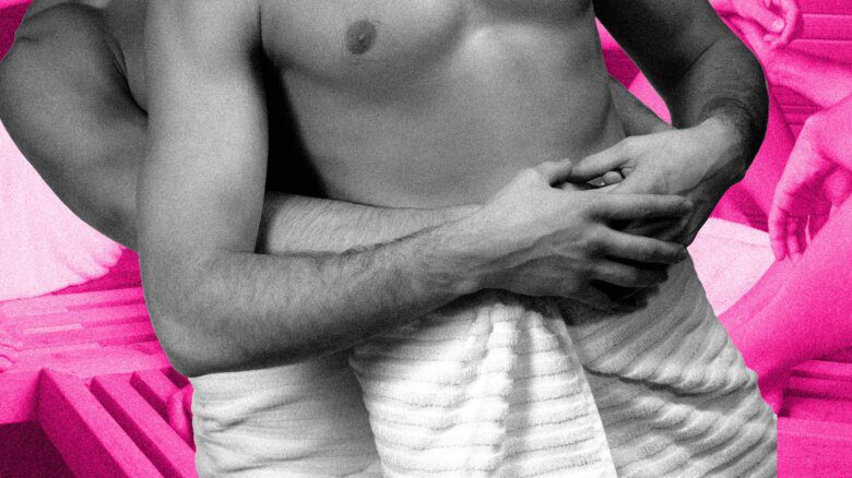 One person holding the other from behind, both with towels wrapped around their waists. The figures are shown from the shoulders down in black and white. Behind them, under a pink filter, is images of saunas.