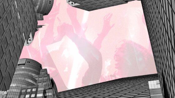 Skyscrapers in black and white, figures dancing under a pink filter
