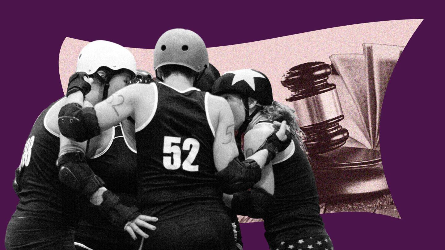 A group of roller derby players in a huddle against a purple background; a gavel can be seen in the background.