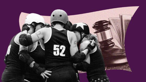 A group of roller derby players in a huddle against a purple background; a gavel can be seen in the background.