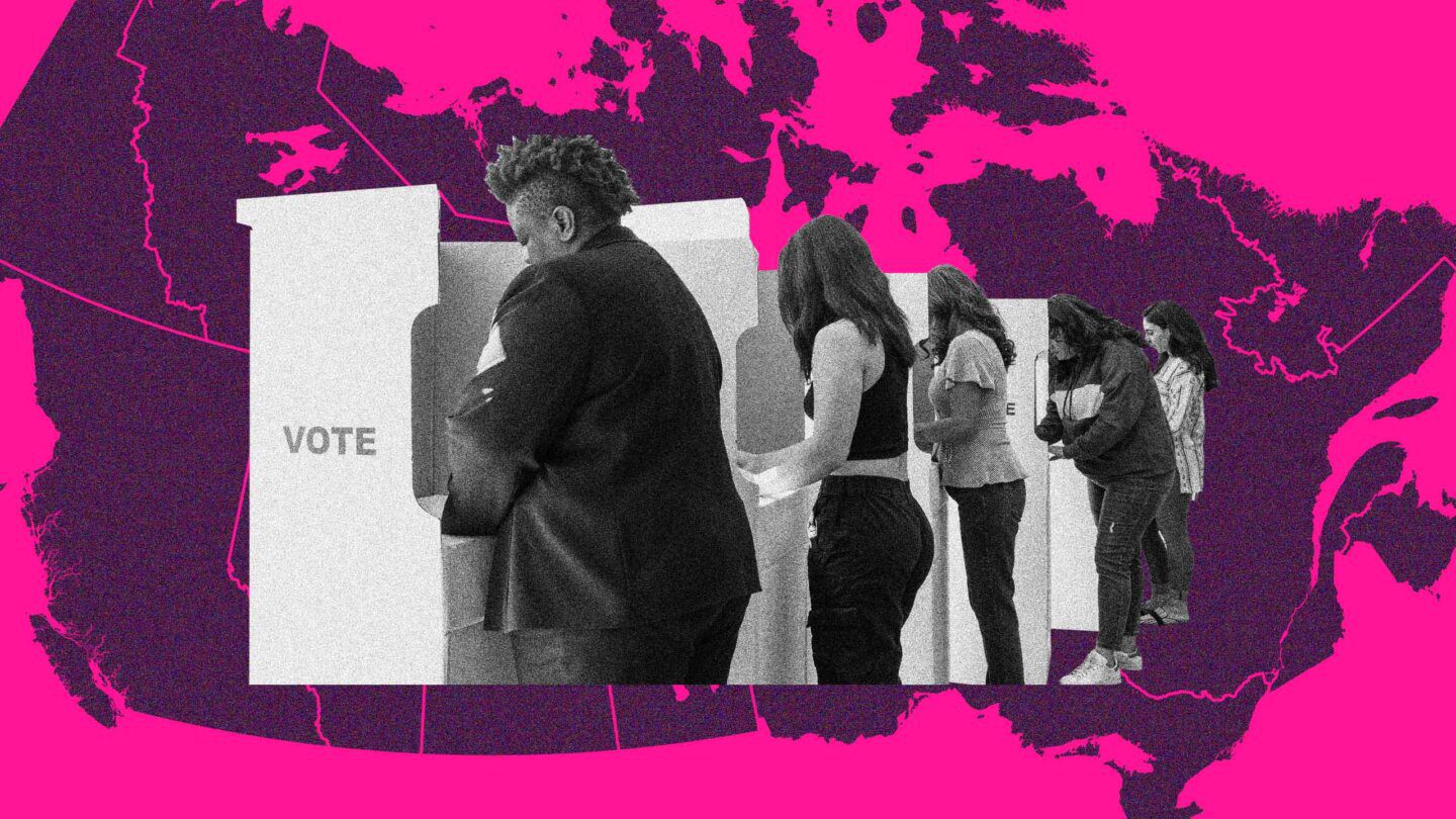 Five young adults lined up voting against a map of Canada under a pink in purple on a pink background