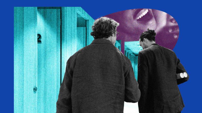 Two people seen from behind walking next to change-room doors