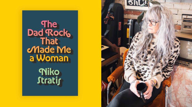 Side by side photos of author Niko Stratis holding a coffee mug while wearing a leopard print sweater and black pants, and the cover of her debut book, The Dad Rock That Made Me a Woman. The book has a dark blue background and red, yellow and seafoam text.