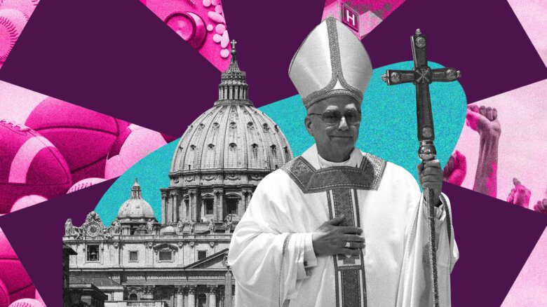 Pope Leo XIV in front of a pink and purple collage