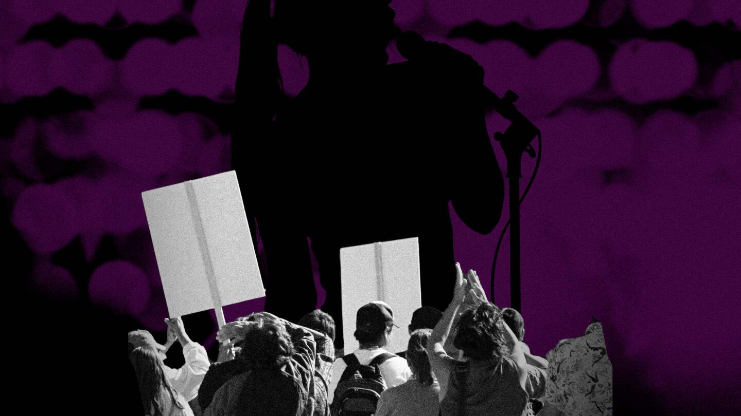 Protestors under a silhouette of a singer.