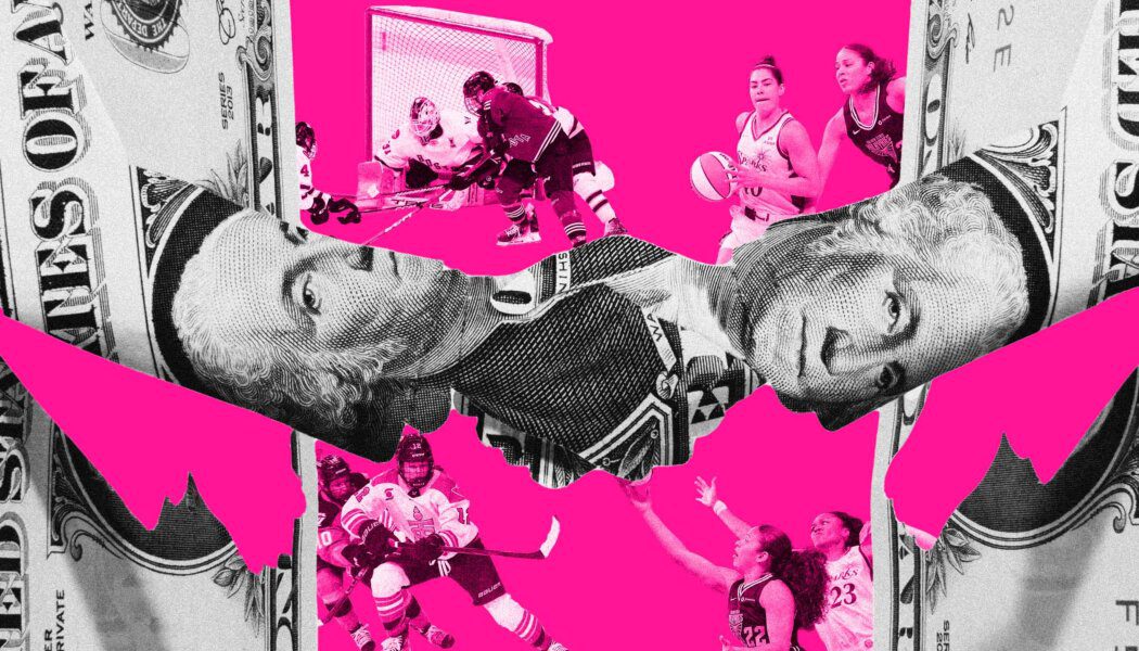 A pink background with two hands made out of American dollar bills in a handshake; behind the hands are women playing sports