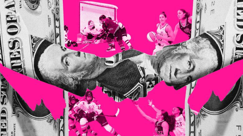 A pink background with two hands made out of American dollar bills in a handshake; behind the hands are women playing sports