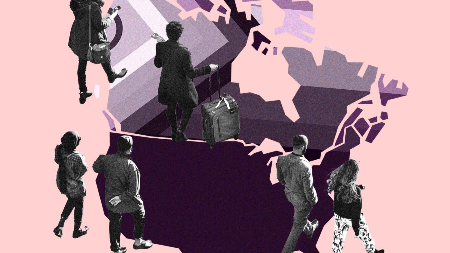 A pink and purple background with a Progress Pride flag; maps of Canada and the U.S.; people walking from the latter to the former seen from behind.