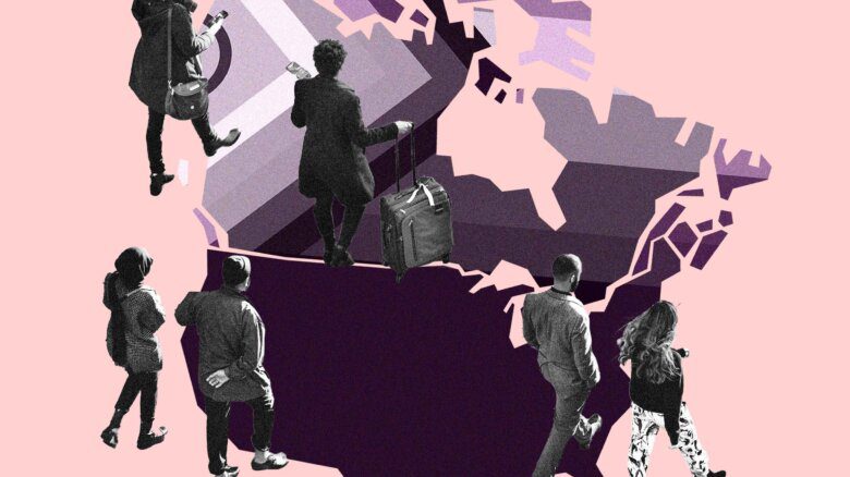 A pink and purple background with a Progress Pride flag; maps of Canada and the U.S.; people walking from the latter to the former seen from behind.