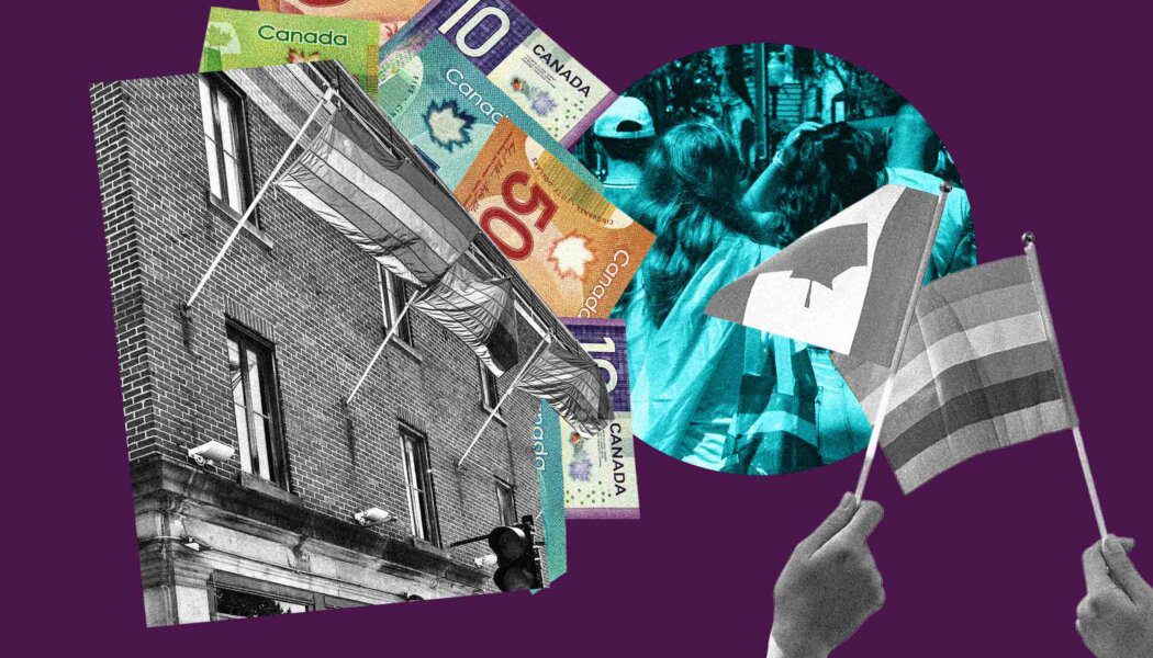 Pride flags hanging from a building; two hands holding Pride and Canadian flags, people gathered under a blue filter and Canadian money in a collage on a purple background.