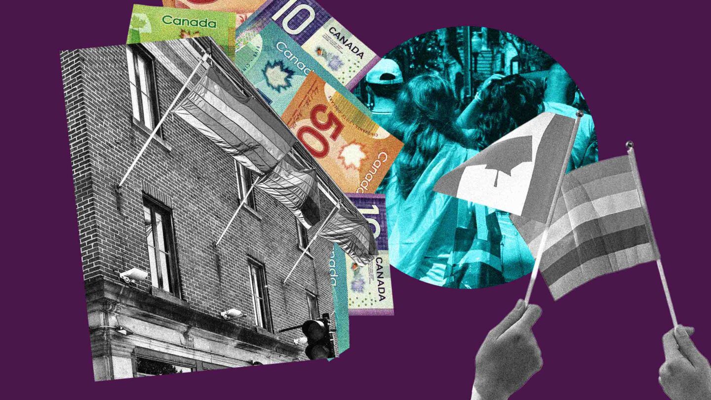 Pride flags hanging from a building; two hands holding Pride and Canadian flags, people gathered under a blue filter and Canadian money in a collage on a purple background.
