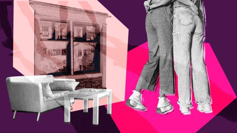 Collage of greyscale photos of a sofa, chair, shelf and the lower bodies of two people, against a purple and pink background