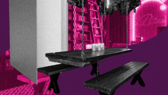 Collage with an image of the Book Boudoir's interior, which features candles on a wooden park bench that is suspended by metal chains, bookshelves, a ladder and a counter in front of a shop sign