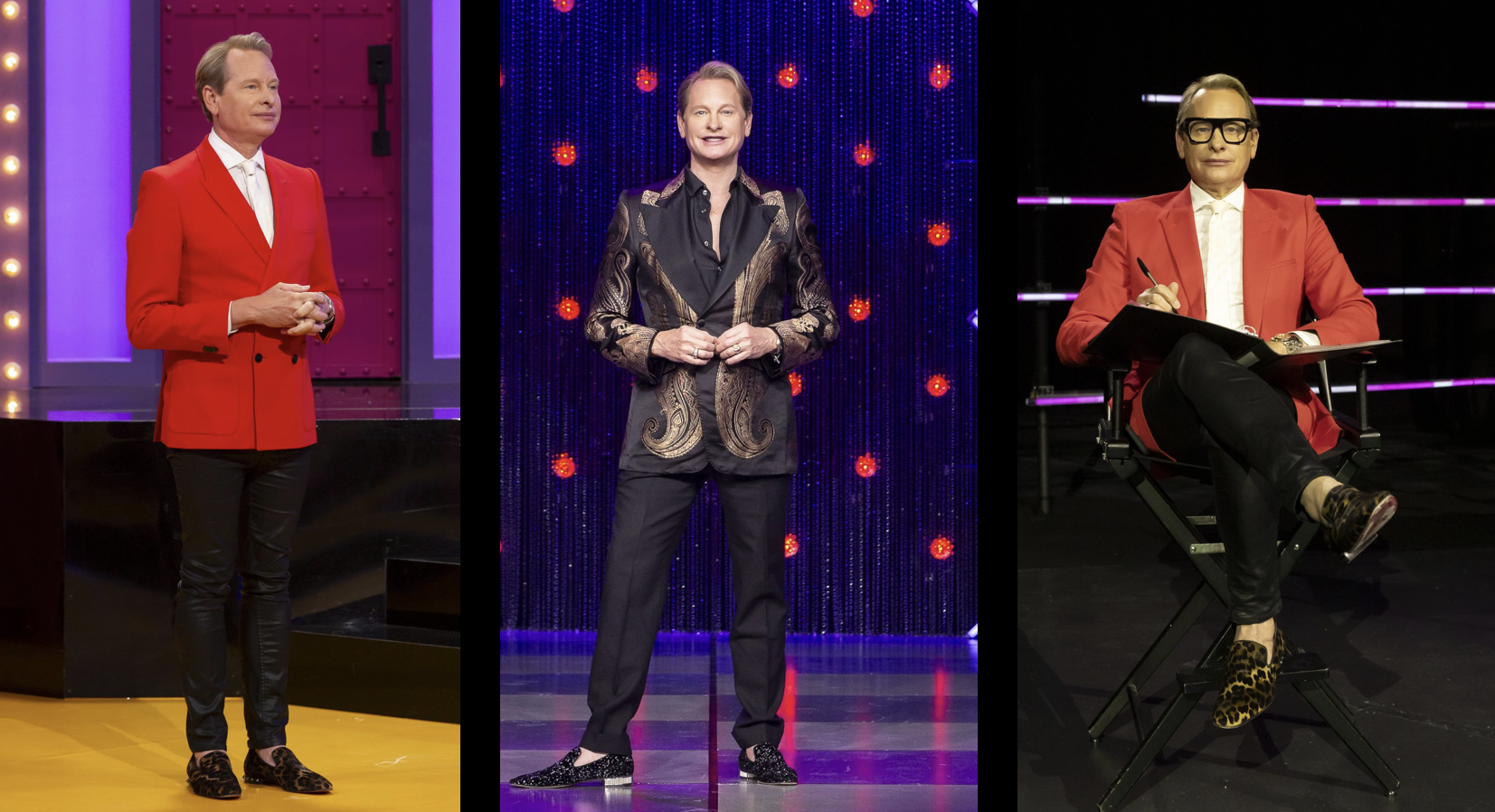 Three side-by-side photos of Carson Kressley standing in the werk room, standing on the runway and sitting in a director's chair