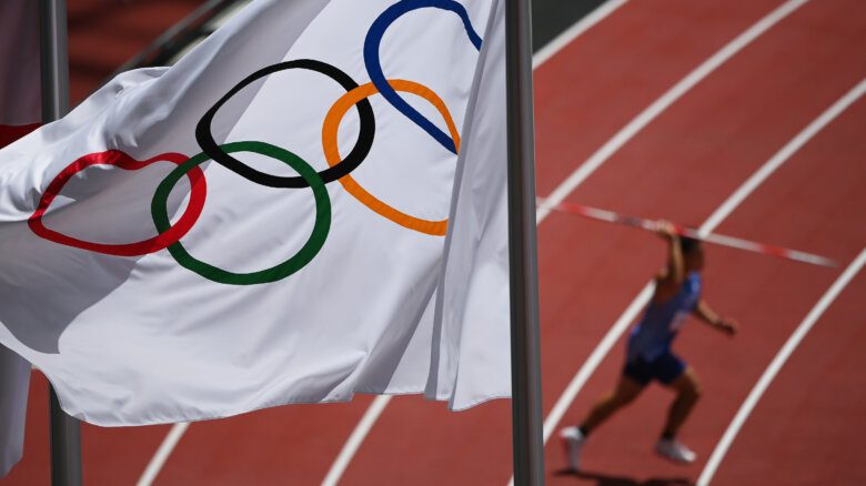 A view of the Olympic rings flag during the Men's Javelin Throw Qualification at the Tokyo 2020 Olympic Games.