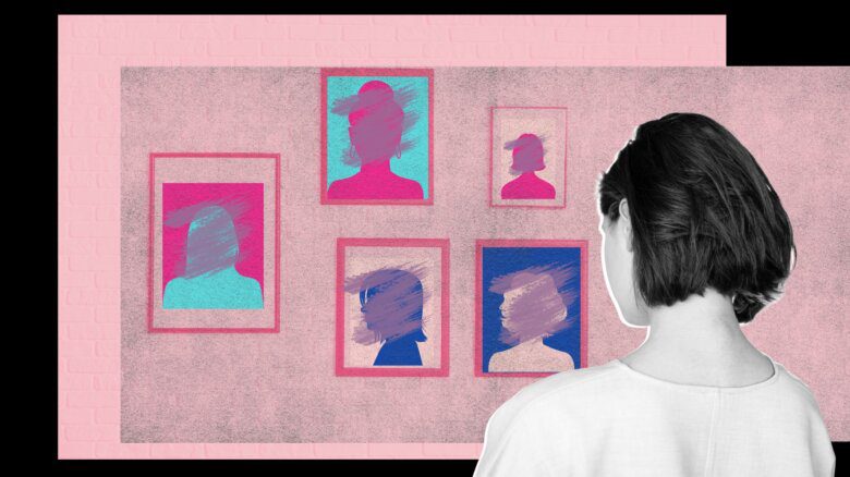 Collage with a person facing a wall featuring framed photos of people's silhouettes, with their faces scribbled out