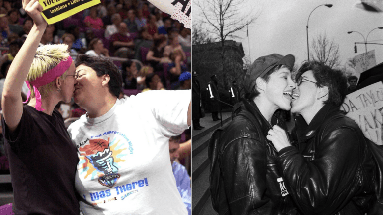 Two kiss-in protests, one from 2002 at a New York Liberty Game and another in 1990.