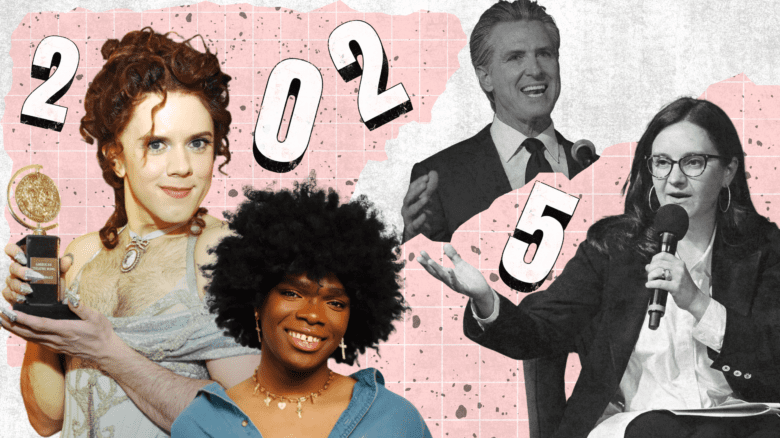 A collage with colour images of Cole Escola and Anania, black and white images of Gavin Newsom and Bari Weiss, and the numbers 2025 against an abstract pink and white background