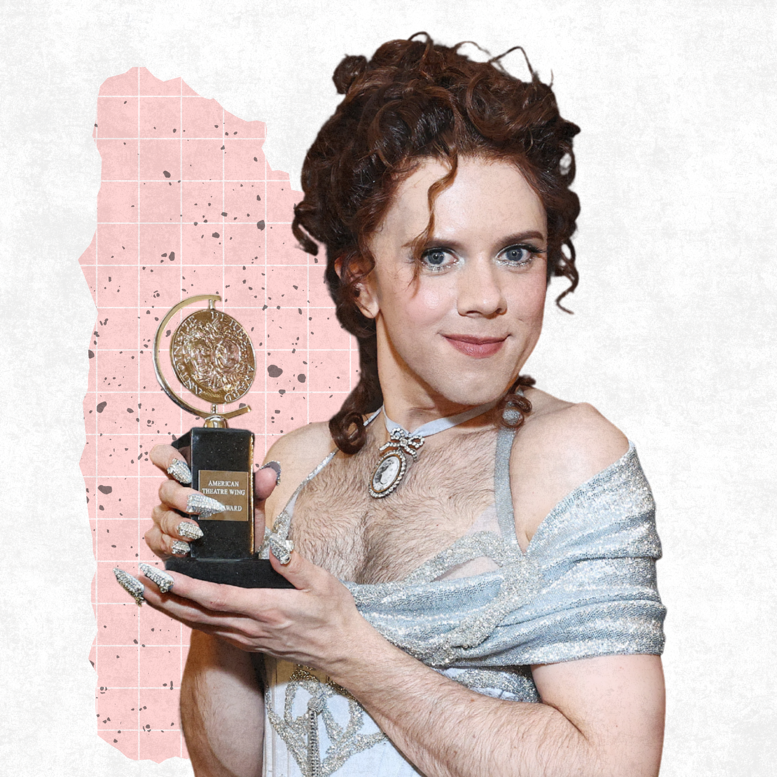 Cole Escola smiling while holding a Tony Award, against an abstract white and pink background