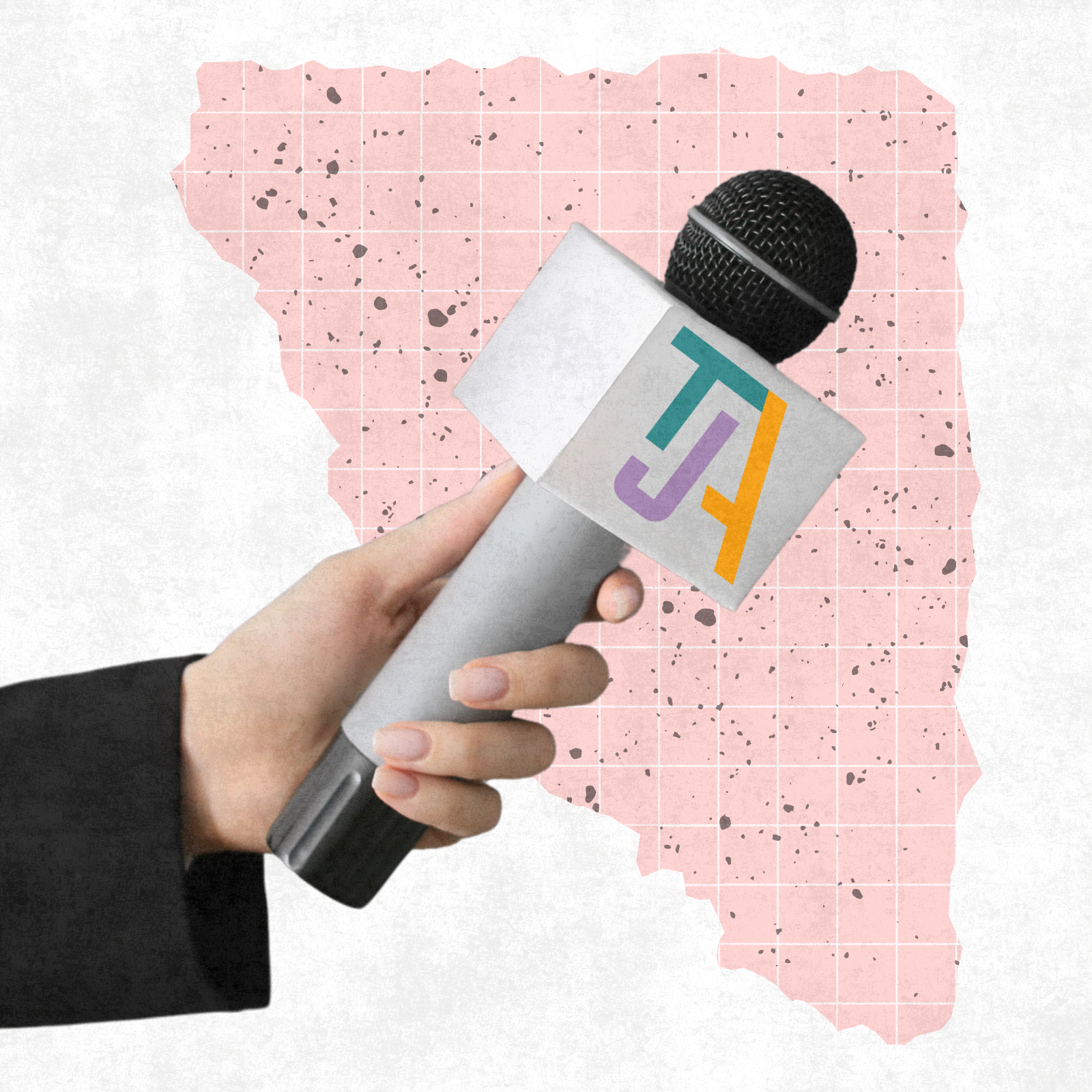 A hand holding a microphone with the Trans Journalists Association logo, against an abstract pink and white background