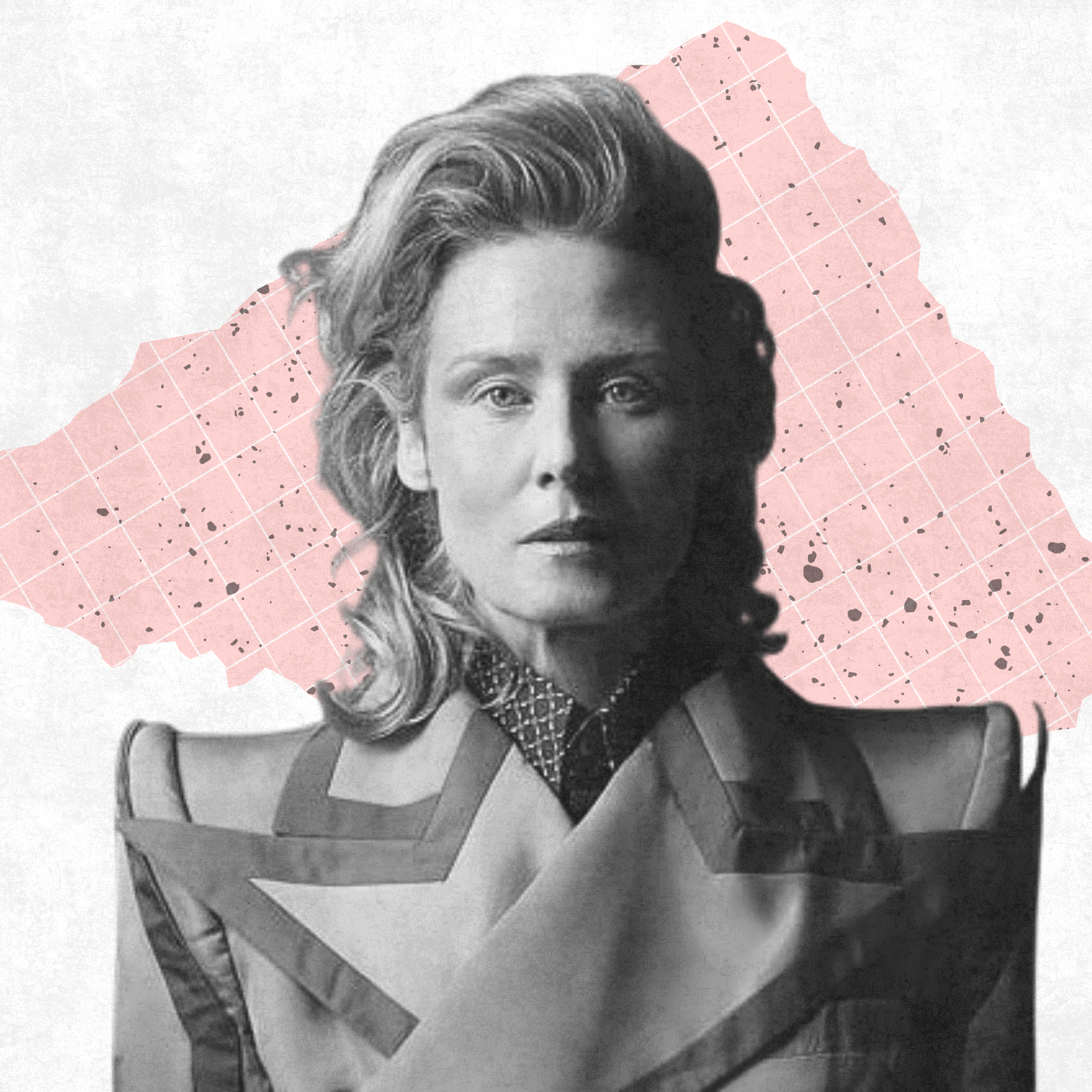 A black-and-white image of Róisín Murphy against an abstract pink and white background