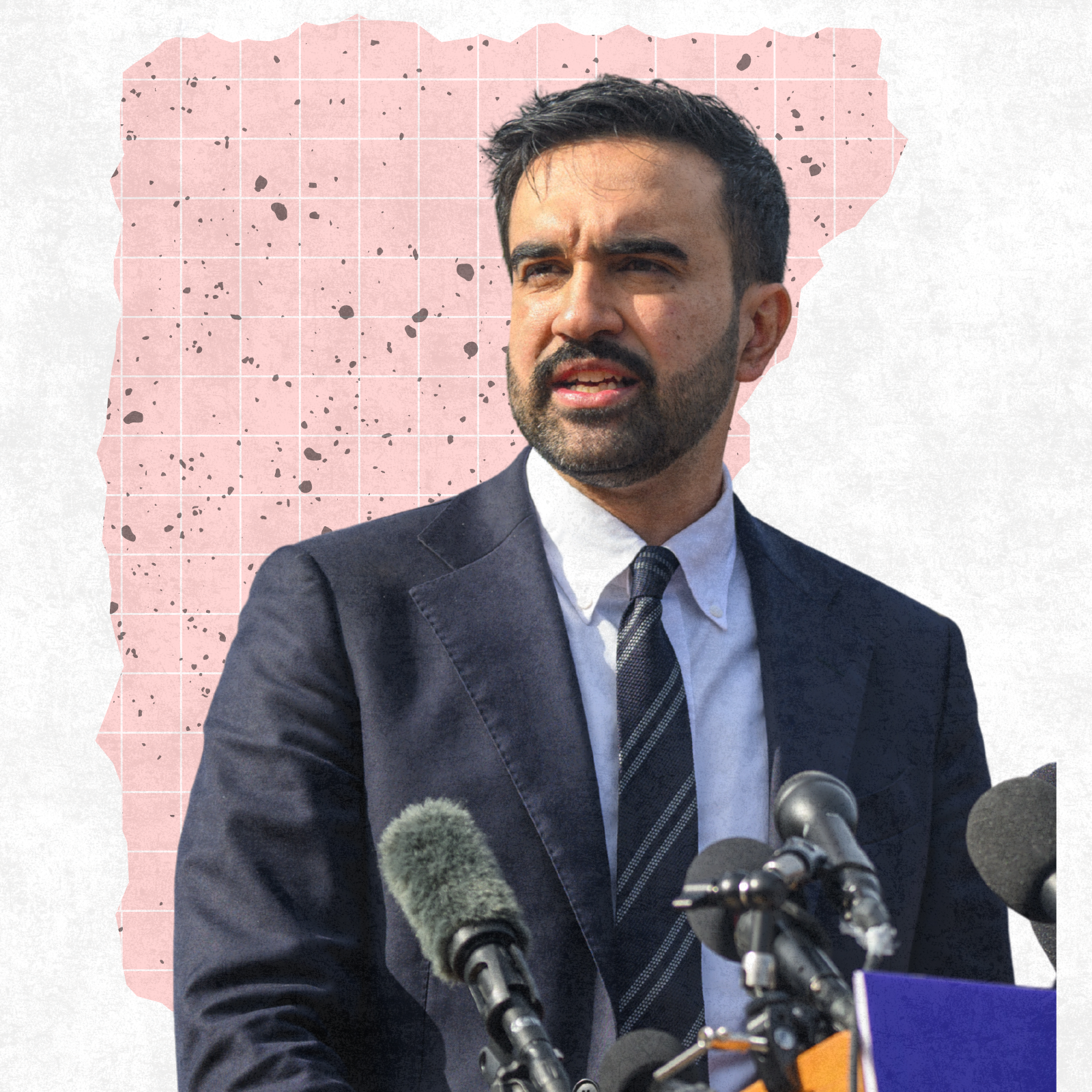 Zohran Mamdani giving a speech at a podium against an abstract pink and white background