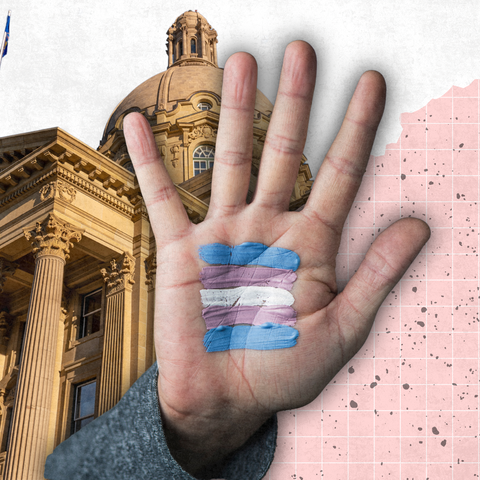 An open hand with the trans flag painted on the palm, against a background pink and white background featuring the Alberta Legislature Building