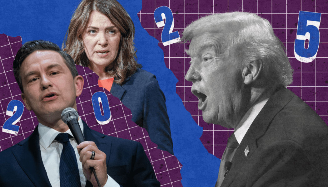 A collage that combines the numbers spelling out "2025" and images of Donald Trump, Danielle Smith and Pierre Poilievre with the effect of ripped paper