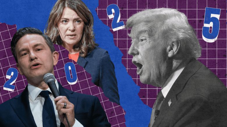 A collage that combines the numbers spelling out "2025" and images of Donald Trump, Danielle Smith and Pierre Poilievre with the effect of ripped paper