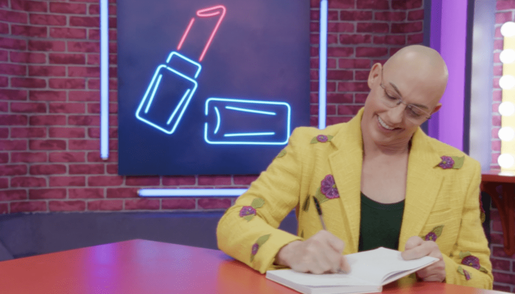 Alyssa Edwards out of drag writing in a notebook