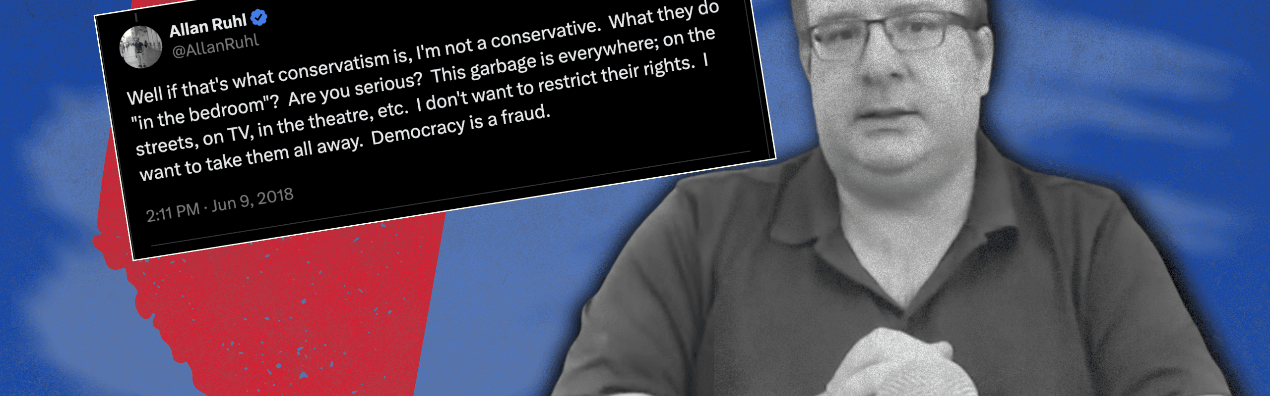 Murray Allan Ruhl on a March 2025 episode of his podcast: a person in glasses and a polo shirt clasps their hands in front of a microphone. Behind them is a blue background with a red map of Alberta and a post from X in a collage style.