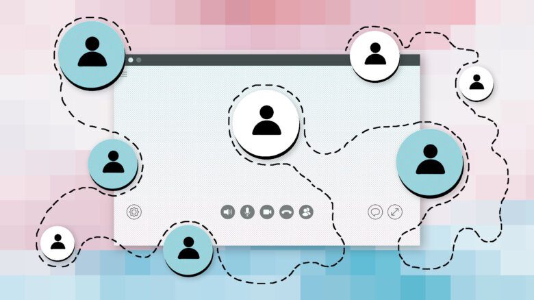 Trans Pride colours are the background to an image of a computer screen and a map connecting icons of users