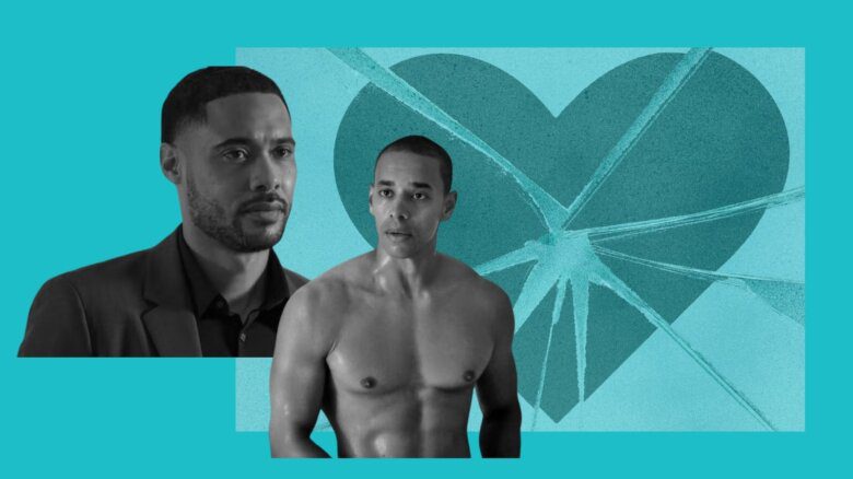 Langston Kerman and Dominic Goodman in front of an illustration of a shattered heart