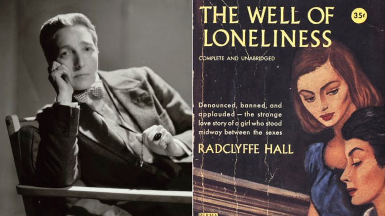 A side by side of Radclyffe Hall and her lesbian novel The Well of Loneliness, with was subject to censorship and obscenity laws