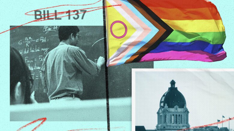 Collage with a Progress Pride flag, the Saskatchewan Legislative Building, someone watching a person writing on a chalkboard, the words "Bill 137" and red scribbles