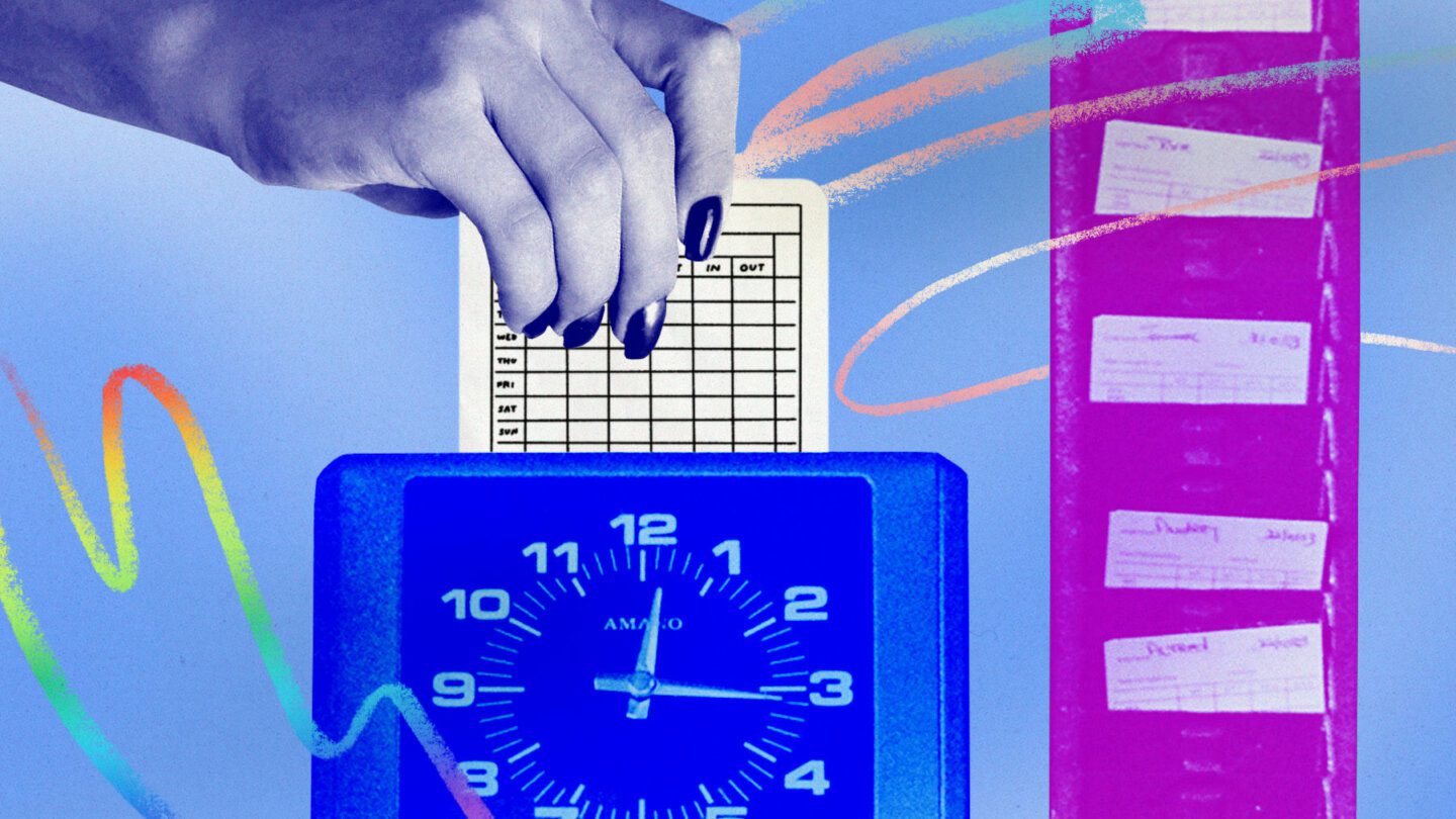 Blue and purple collage featuring a hand putting a time card into a punch clock, time cards on a rack and Pride- and trans-flag-coloured scribbles
