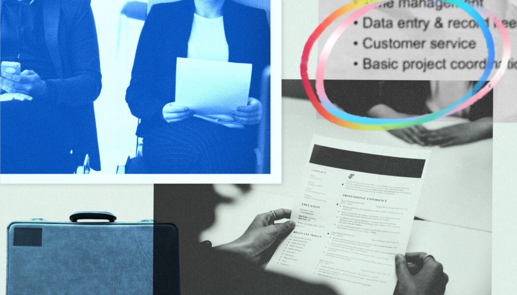 Collage with a suitcase, a person holding a copy of their resume, a person holding a piece of paper and sitting beside someone on their phone, a list of job requirements including, and Pride- and trans-flag-coloured scribbles