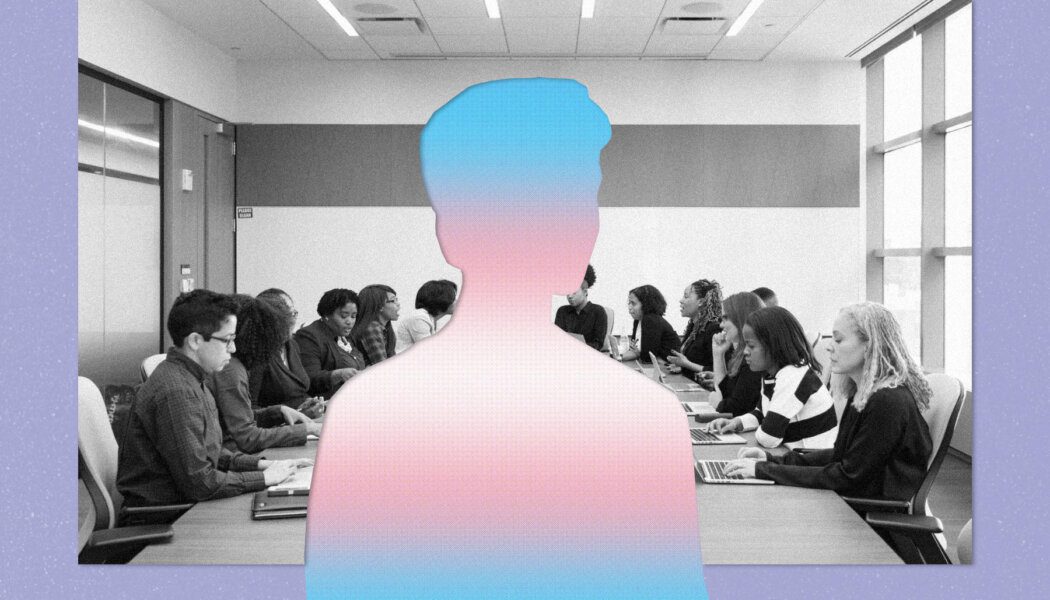 Collage with a purple background, a black-and-white image of people seated around a table with laptops and a trans-flag-coloured silhouette of a person