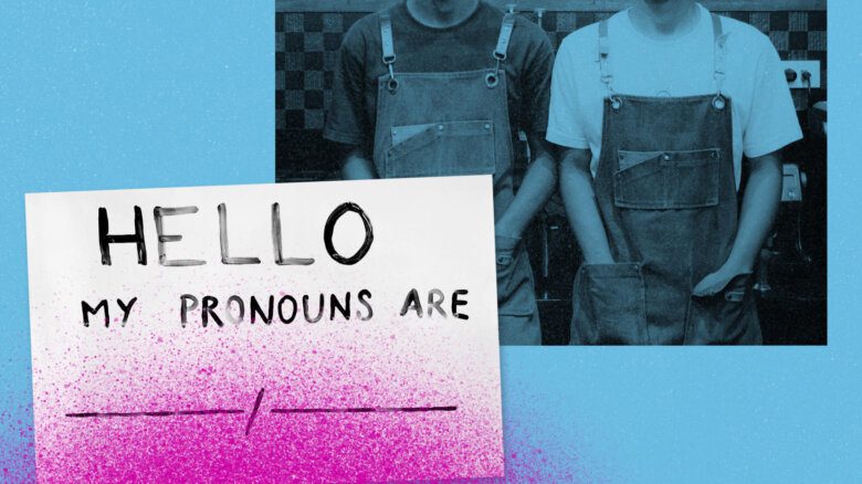 Blue, white and purple collage with a handwritten sign reading "Hello my pronouns are [blank]/[blank]," two people in overalls standing side by side and an abstract spray of colour
