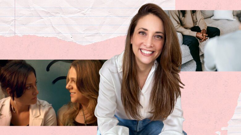 Collage with images of Deanna Klymkiw, Alex and Paige in Degrassi, a person facing another sitting on a couch, and lined paper against a pink background