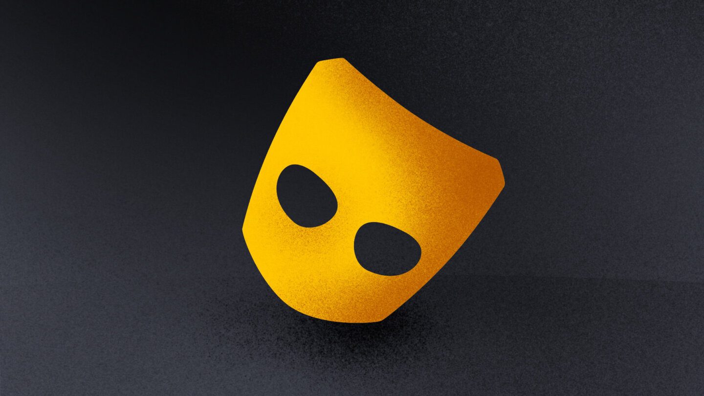 The Grindr logo in yellow against a black background; both with an ombré effect