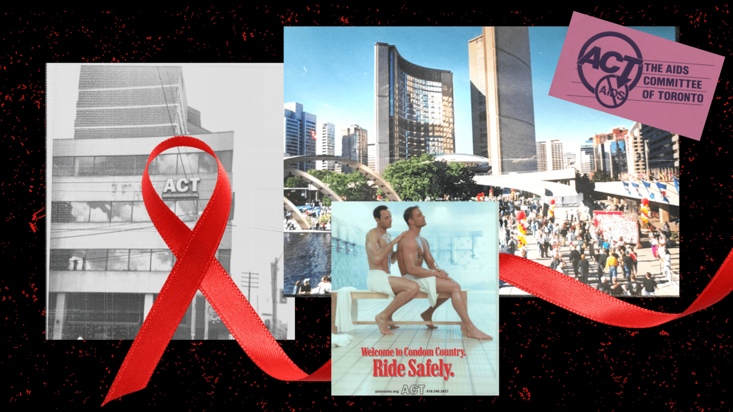 A collage of an AIDS ribbon, the ACT building, the AIDS Walk and an ACT campaign poster