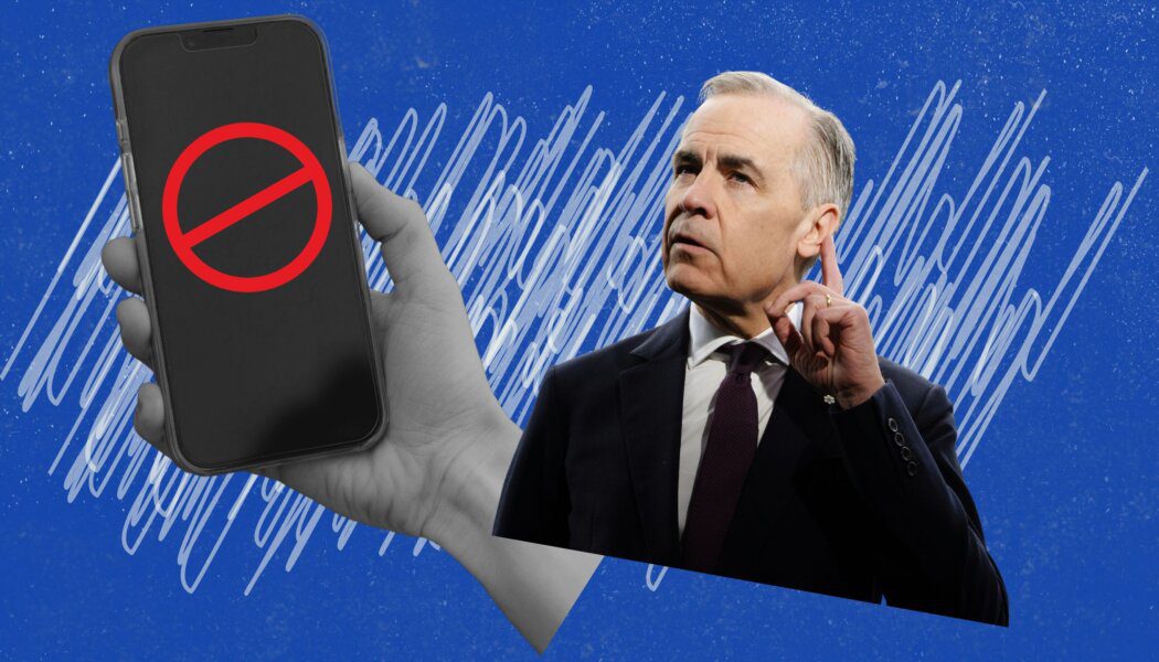 A blue background with white scribbles on it; a hand holding a phone with a strike-through; Mark Carney.