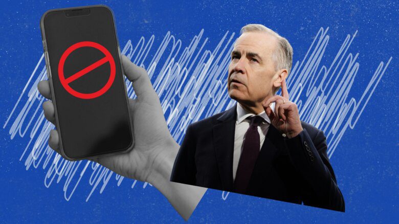 A blue background with white scribbles on it; a hand holding a phone with a strike-through; Mark Carney.